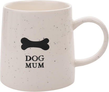 White mug with black text 'DOG MUM' and a bone symbol on a white background