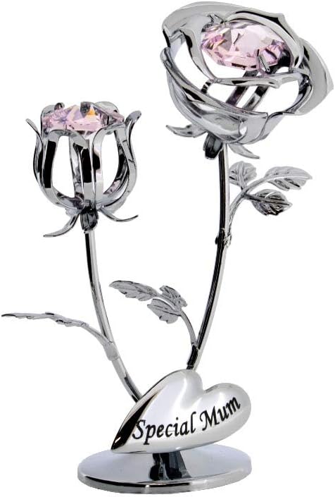 Decorative silver rose with pink gemstones and 'Special Mum' message on a white background