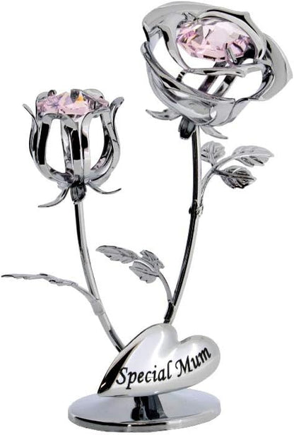 Decorative silver rose with pink gemstones and 'Special Mum' message on a white background