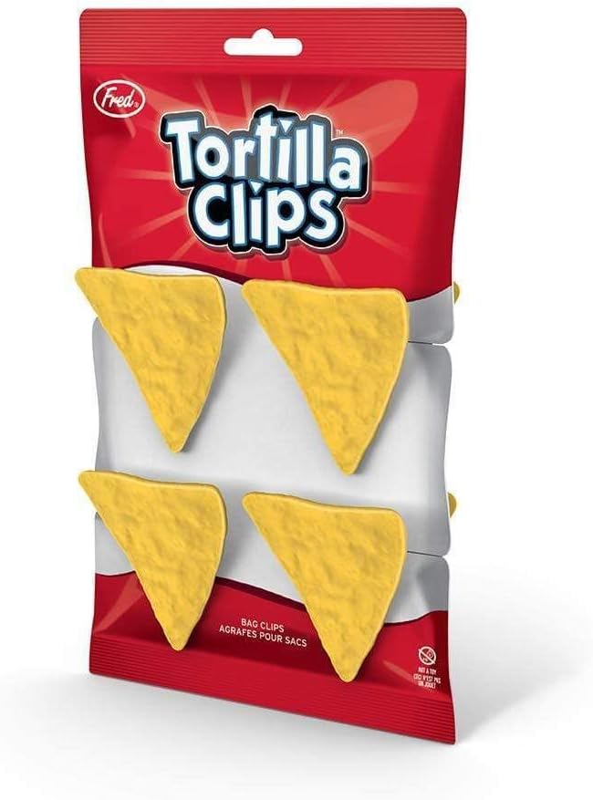Packaging of Tortilla Clips with yellow clips on a red background