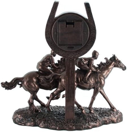 Back of clock showing battery casing and horses running 