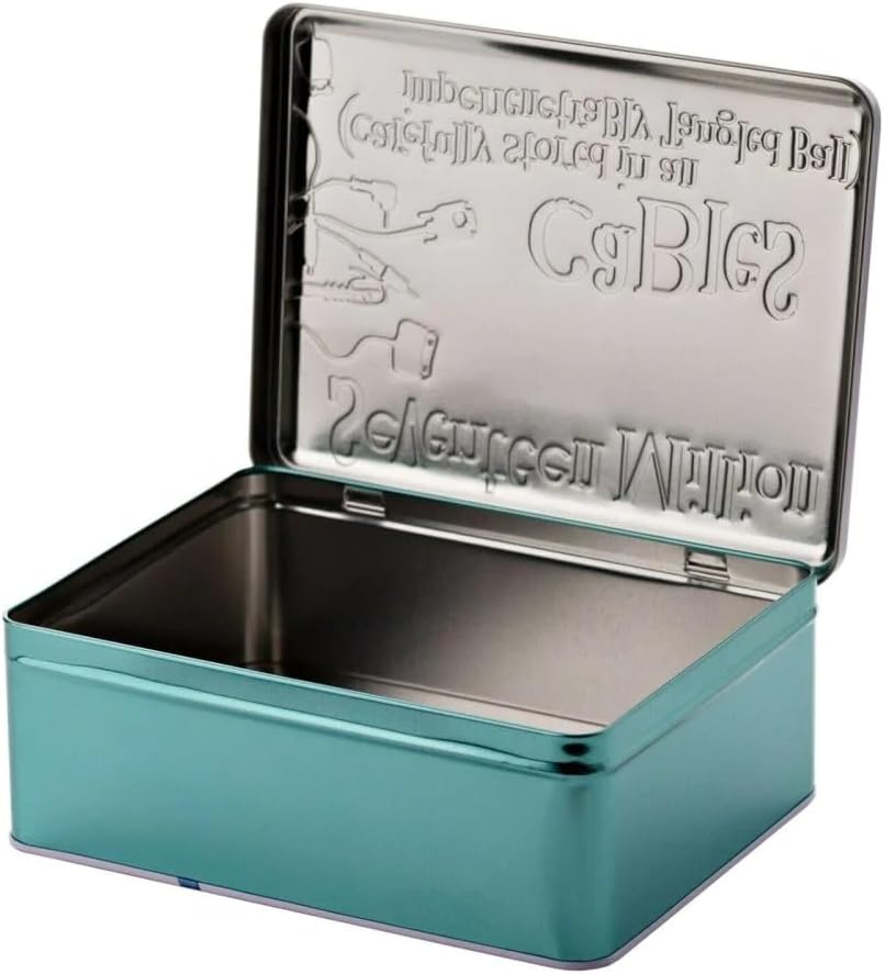 Teal metal tin with embossed text on a white background