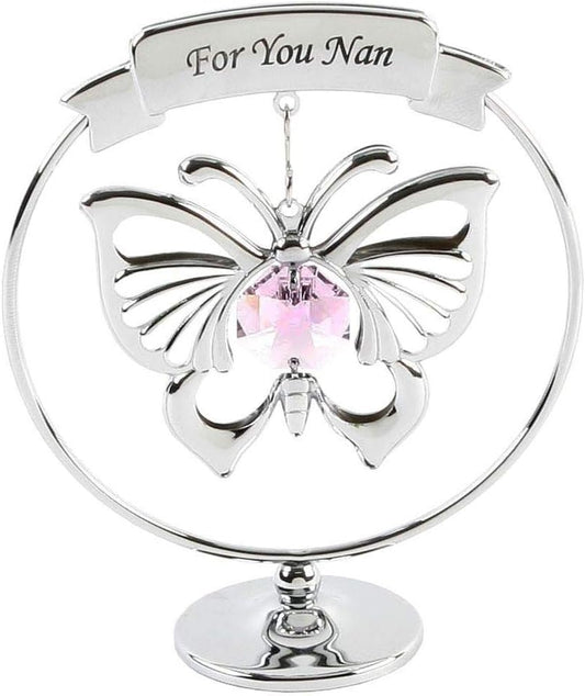Butterfly-shaped ornament with pink gem and 'For You Nan' text on a white background