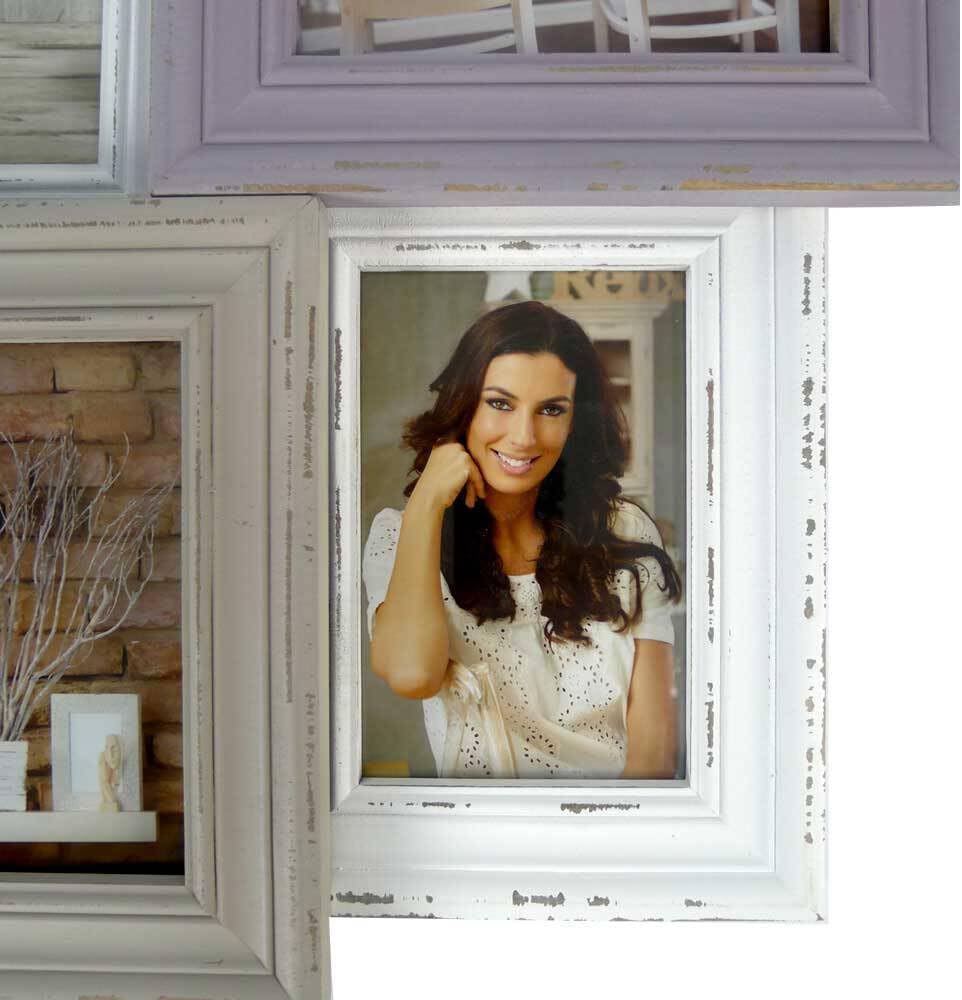 Collage of framed pictures with a focus on a woman in a white lace top.
