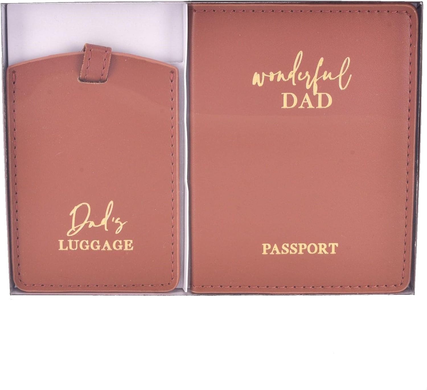 Brown leather luggage tag and passport cover with 'Dad's Luggage' and 'Wonderful Dad Passport' text.