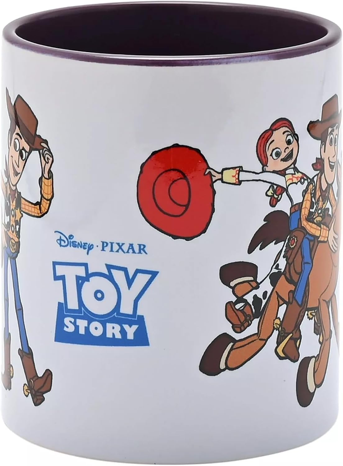 Ceramic mug with Toy Story characters and branding on a white background