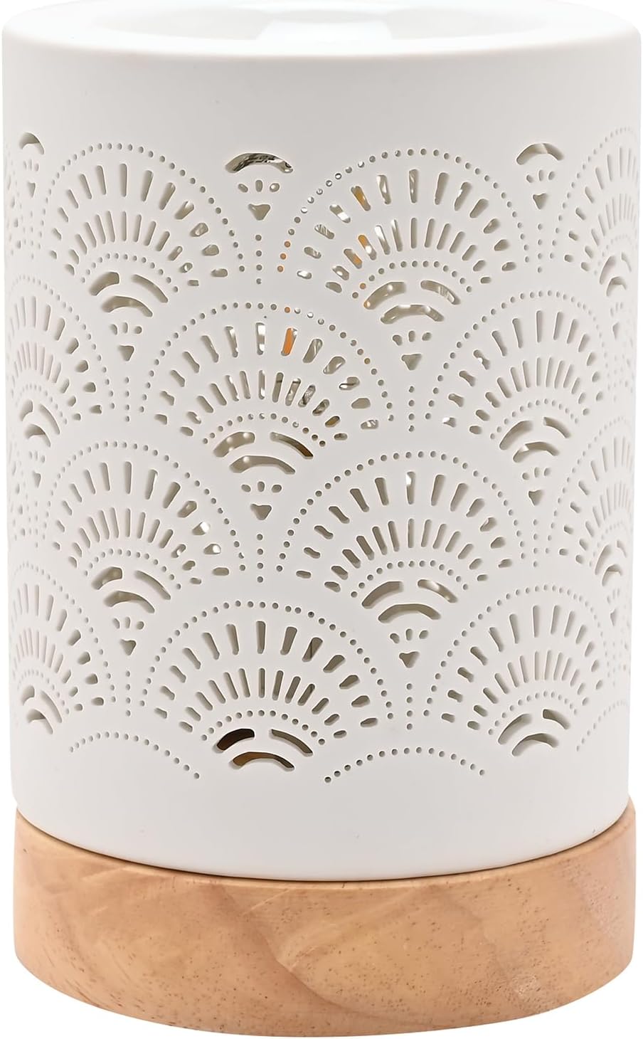 White ceramic diffuser or candle holder with laser-cut scallop patterns and a natural wood base, shown on a white background.