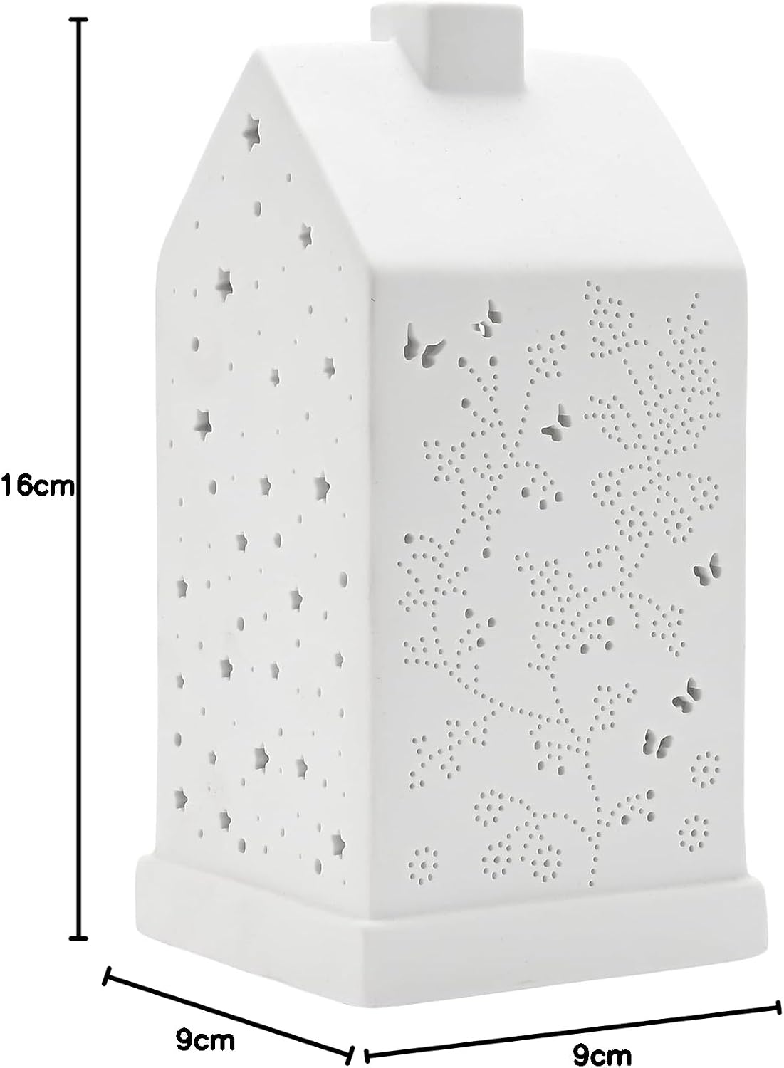 White house-shaped ceramic night light with star and floral cutout patterns, shown with dimension lines indicating 16cm height and 9cm width and depth.