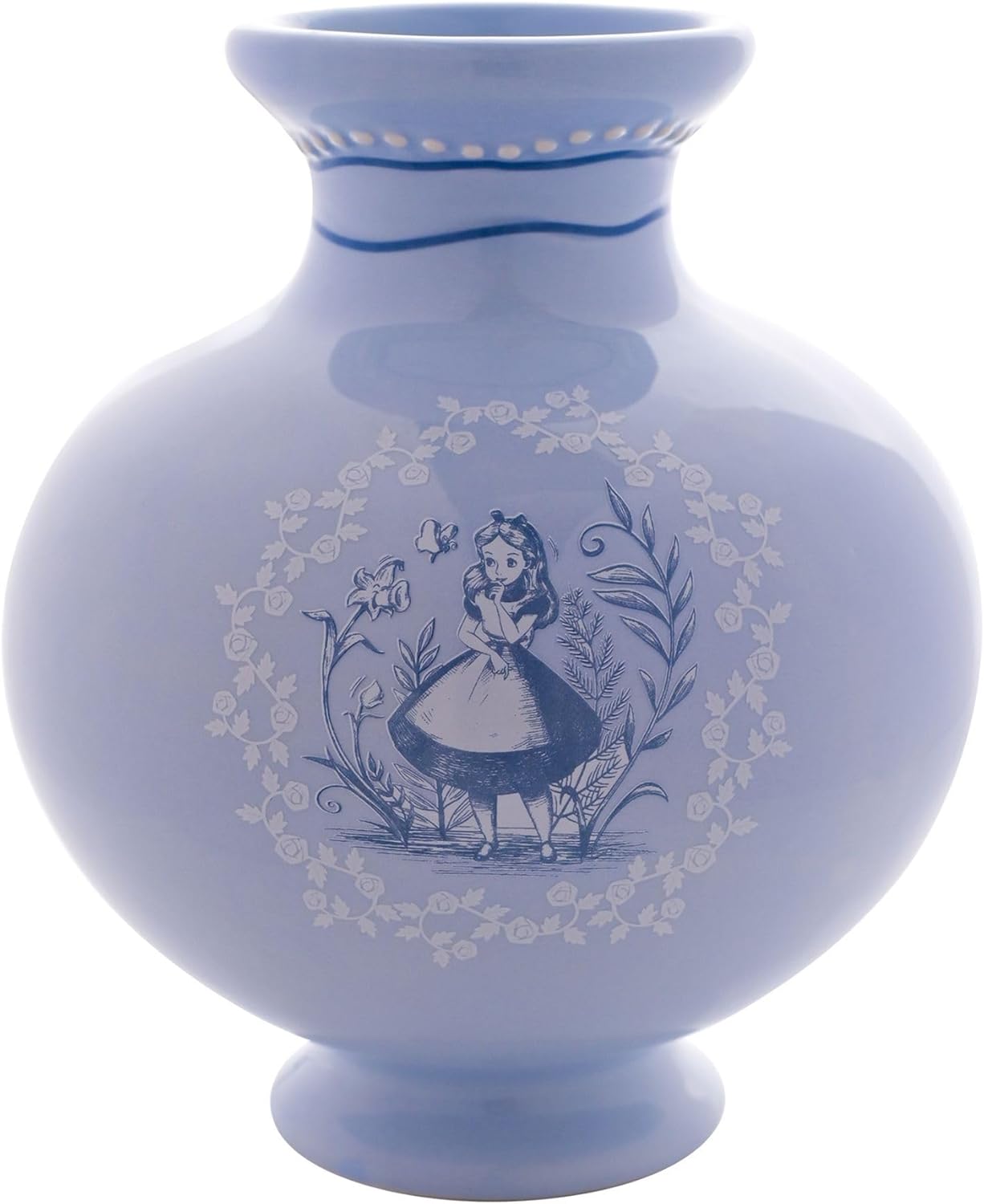 Blue ceramic vase with decorative design on a white background