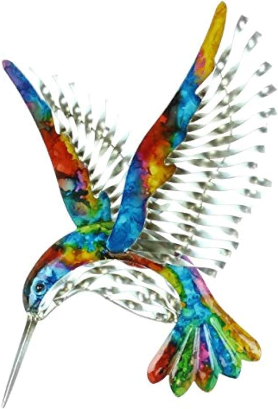 A colorful metal hummingbird sculpture with vibrant painted wing and body colors, silver metallic wings, and a long pointed beak, shown on a plain white background.