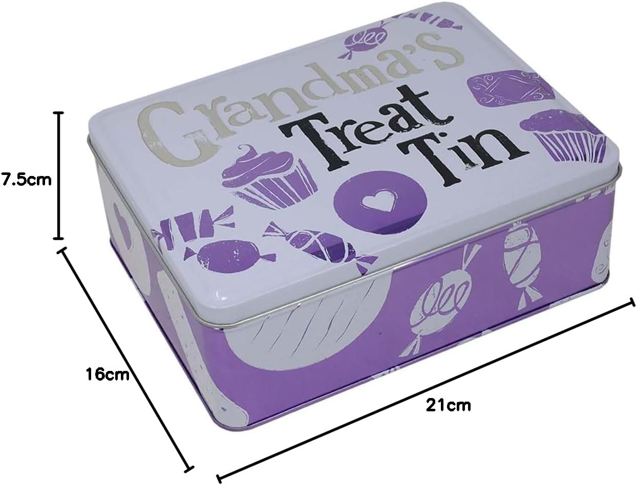 Purple 'Grandma's Treat Tin' with measurements on a white background
