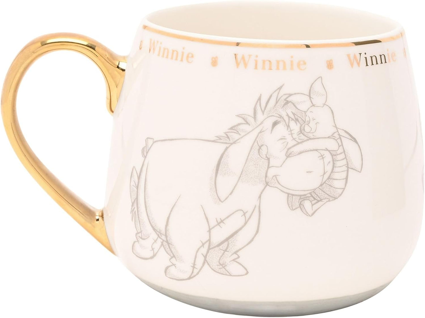 White mug with gold handle featuring a stylized illustration of a character, on a white background.