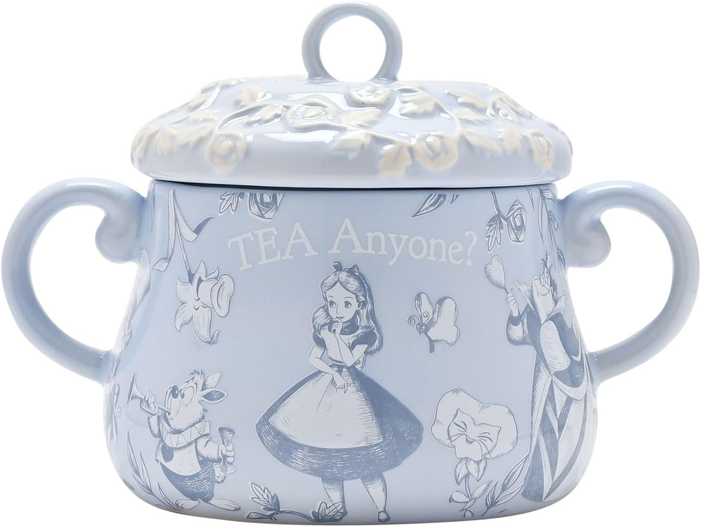 Ceramic pot with lid featuring Alice in Wonderland design on a white background