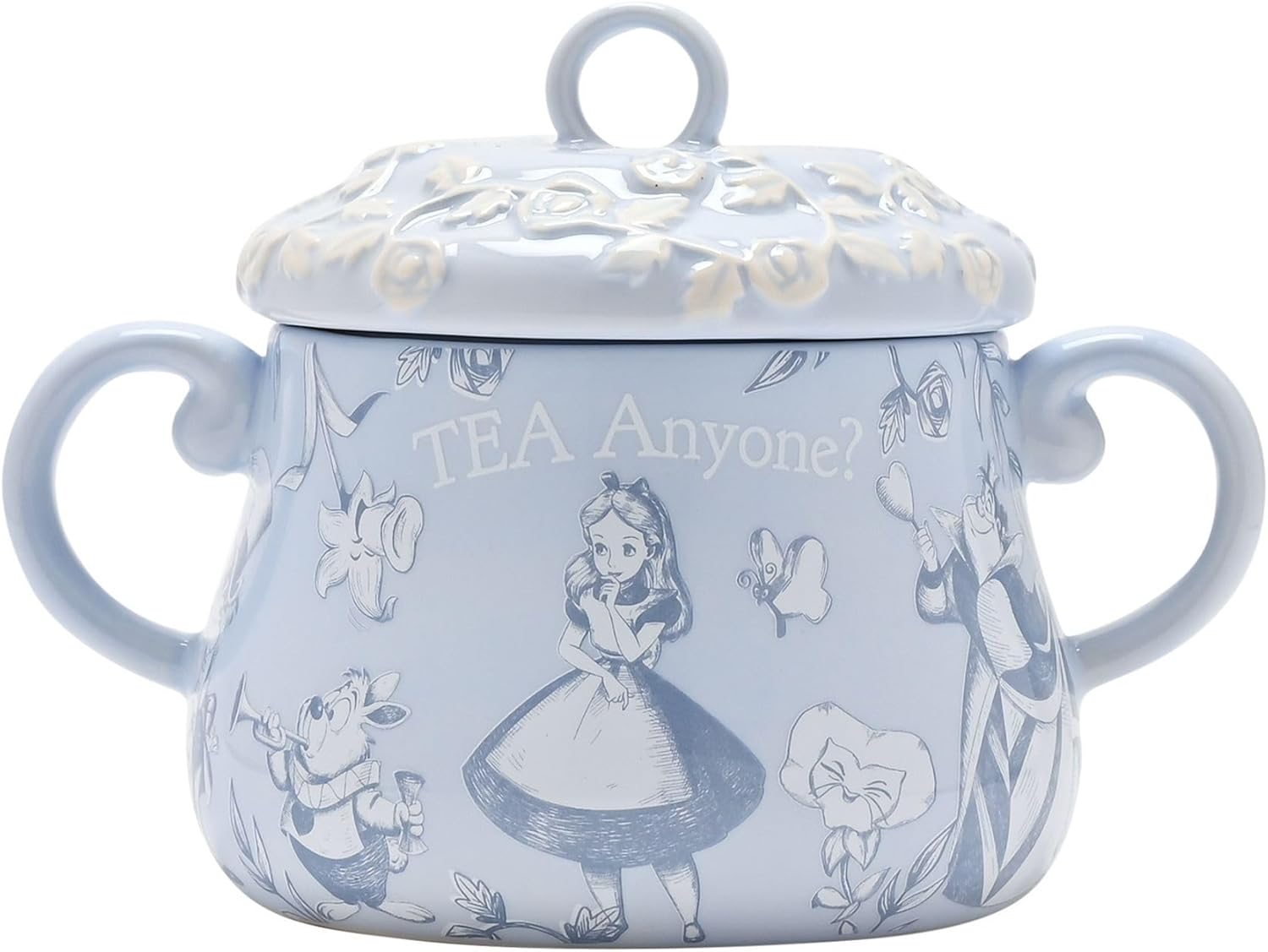 Ceramic pot with lid featuring Alice in Wonderland design on a white background