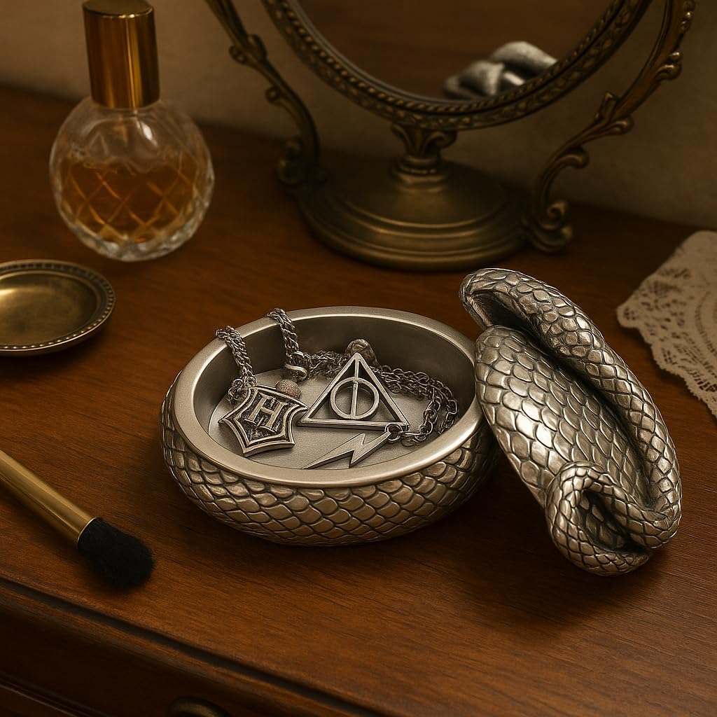 Decorative snake-shaped object on a wooden surface with a mirror and perfume bottle in the background.