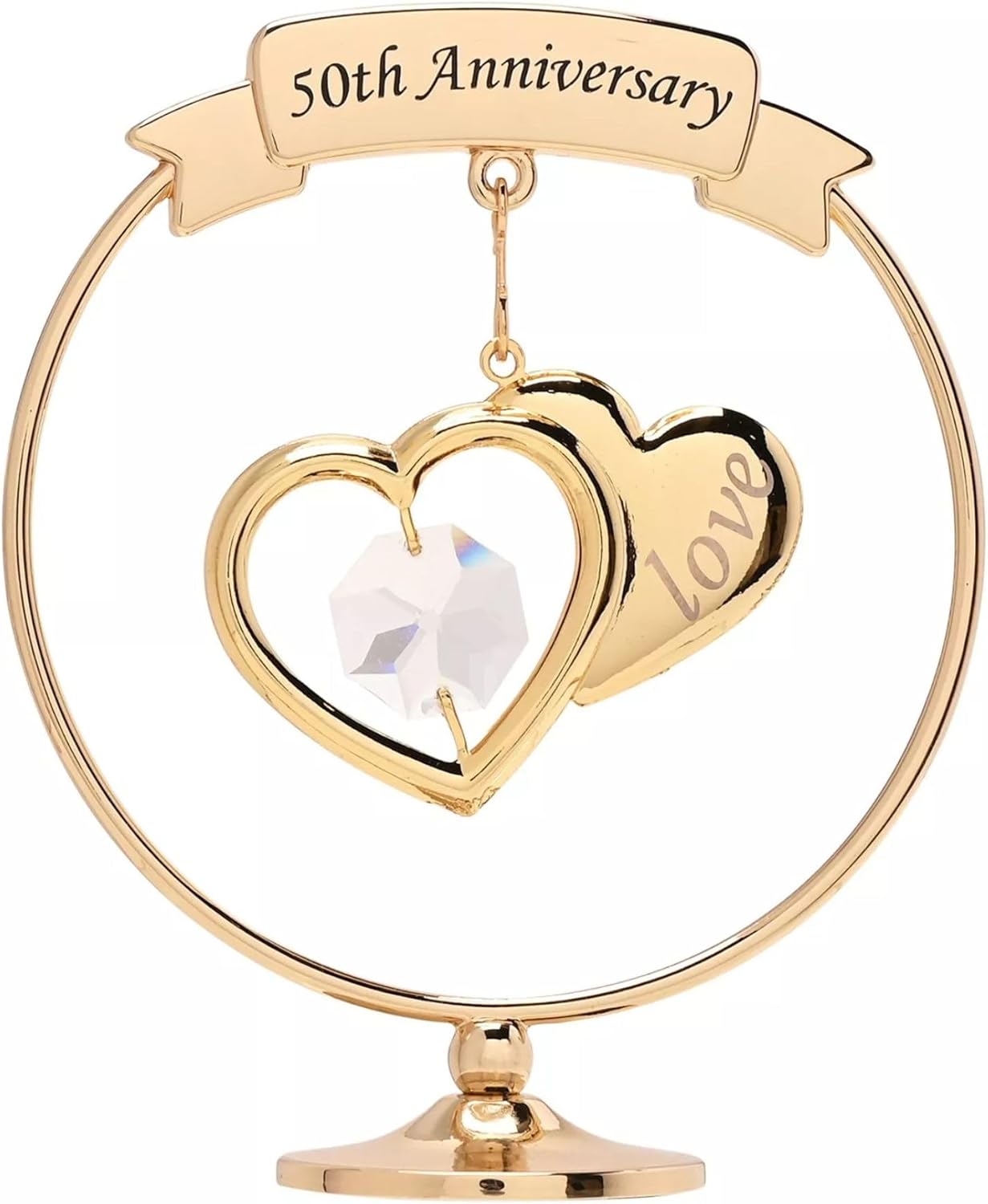 Gold 50th Anniversary heart-shaped ornament with a crystal center on a white background