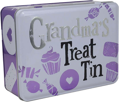 Treat tin labeled 'Grandma's Treat Tin' with purple and white design on a white background