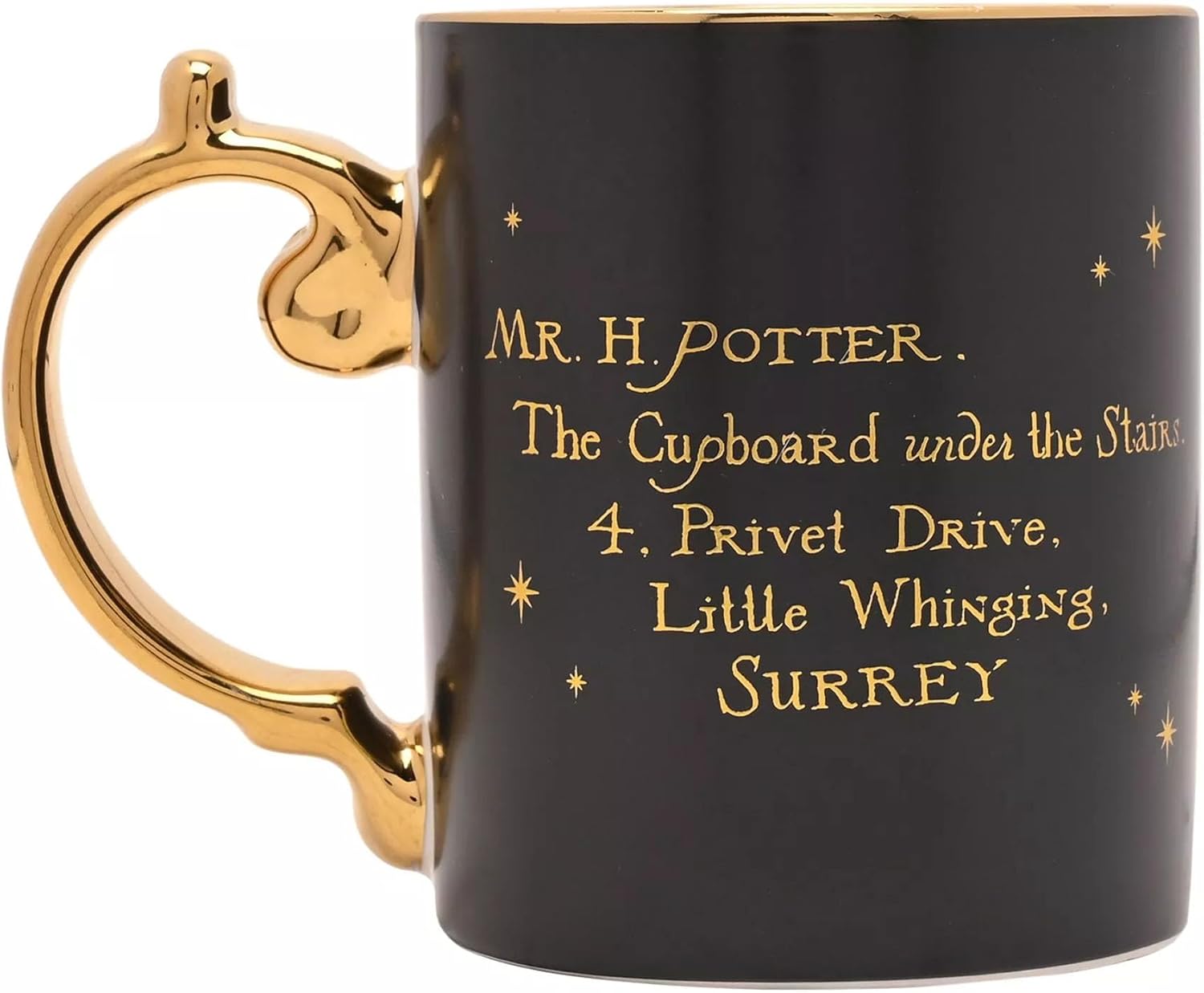 A black ceramic mug with a gold handle and gold rim, featuring gold printed text that reads 'MR. H.