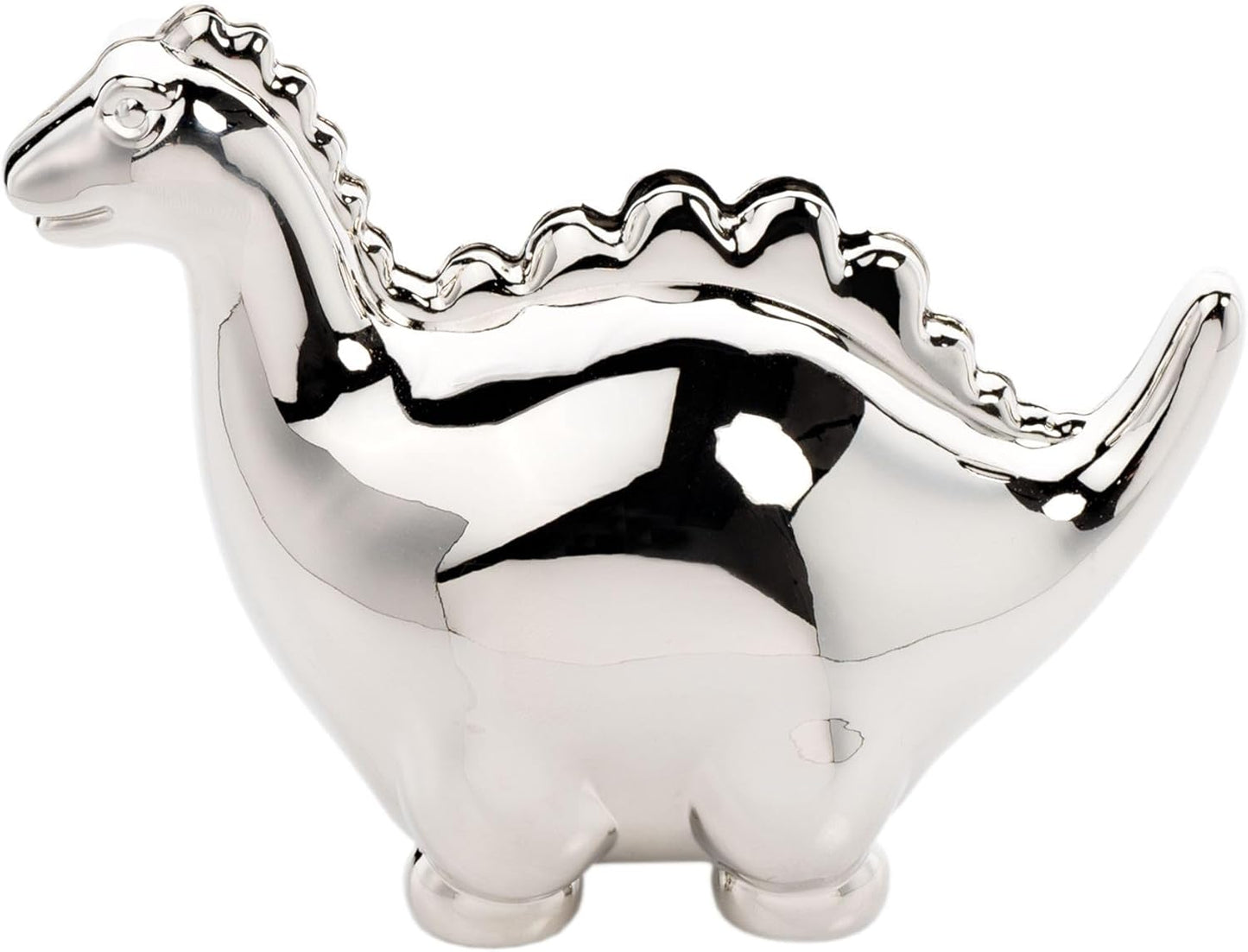 Silver dinosaur-shaped object on a white background