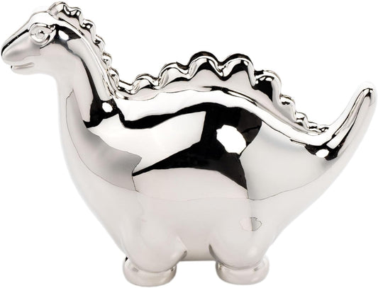 Silver dinosaur-shaped object on a white background