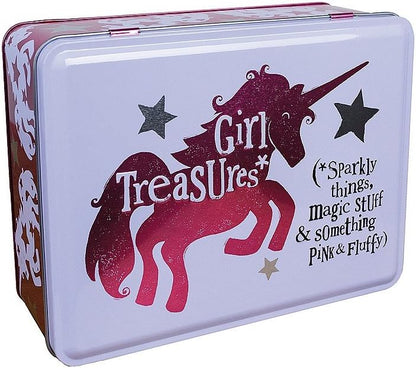 Tin box with a unicorn design and text on a white background