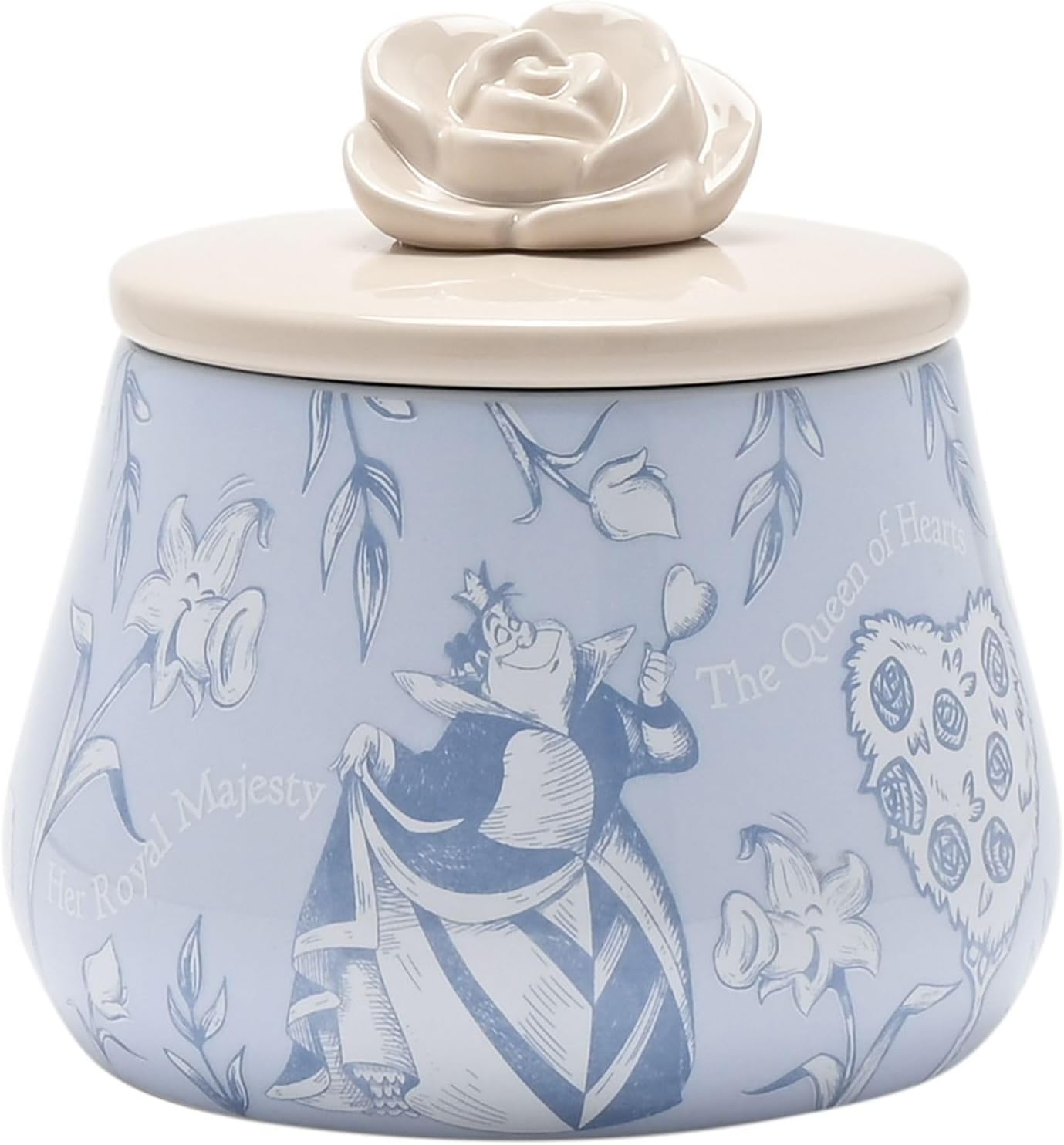 Ceramic jar with rose lid featuring illustrations on a light blue background
