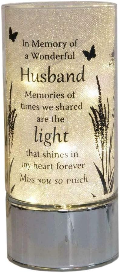 Memorial lamp with text for a wonderful husband, featuring butterflies and grass designs.