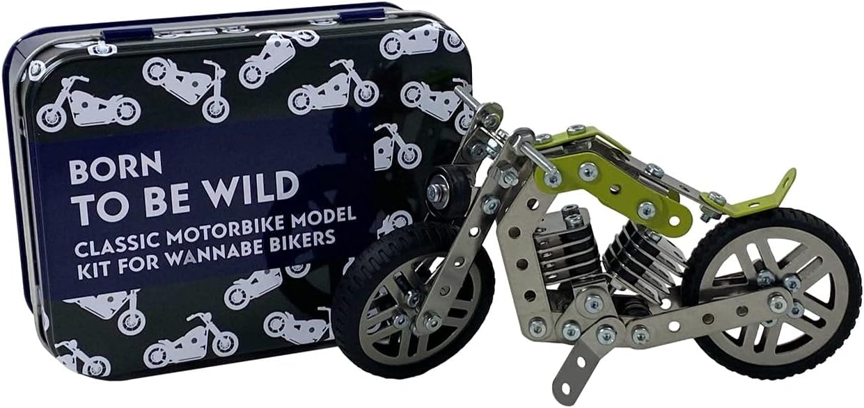 Motorcycle model kit with 'Born to be Wild' text and tin box on a white background