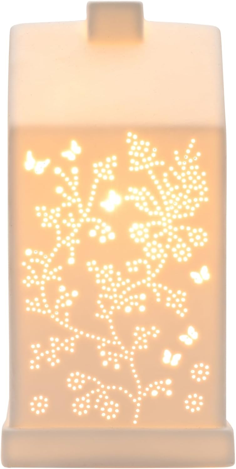 A rectangular warm white LED night light with a glowing floral and butterfly cutout pattern on the front, set against a plain white background.