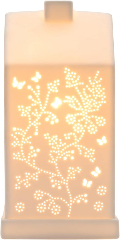 A rectangular warm white LED night light with a glowing floral and butterfly cutout pattern on the front, set against a plain white background.