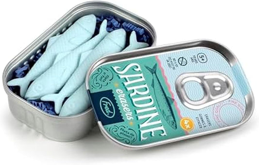 Sardine can with blue Sardine Rubbers on a white background