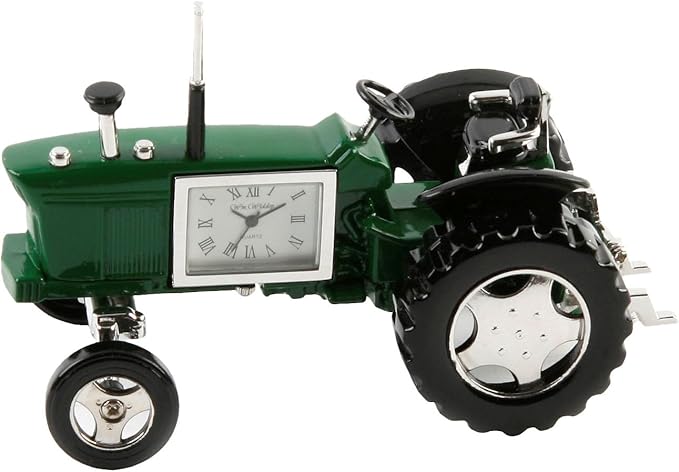 Model tractor with a clock face on a white background