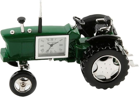 Model tractor with a clock face on a white background