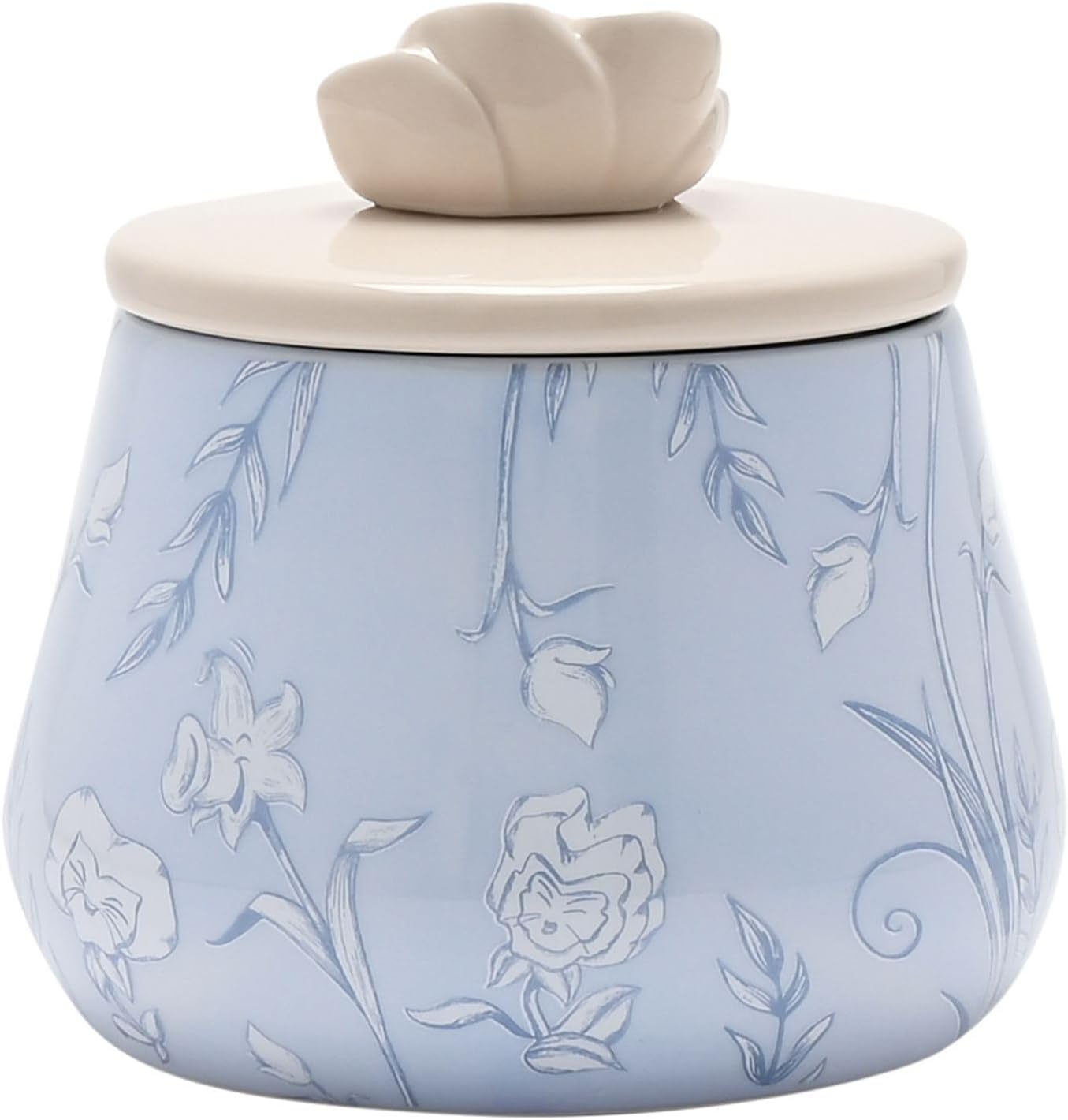Ceramic jar with floral design and light blue color on a white background