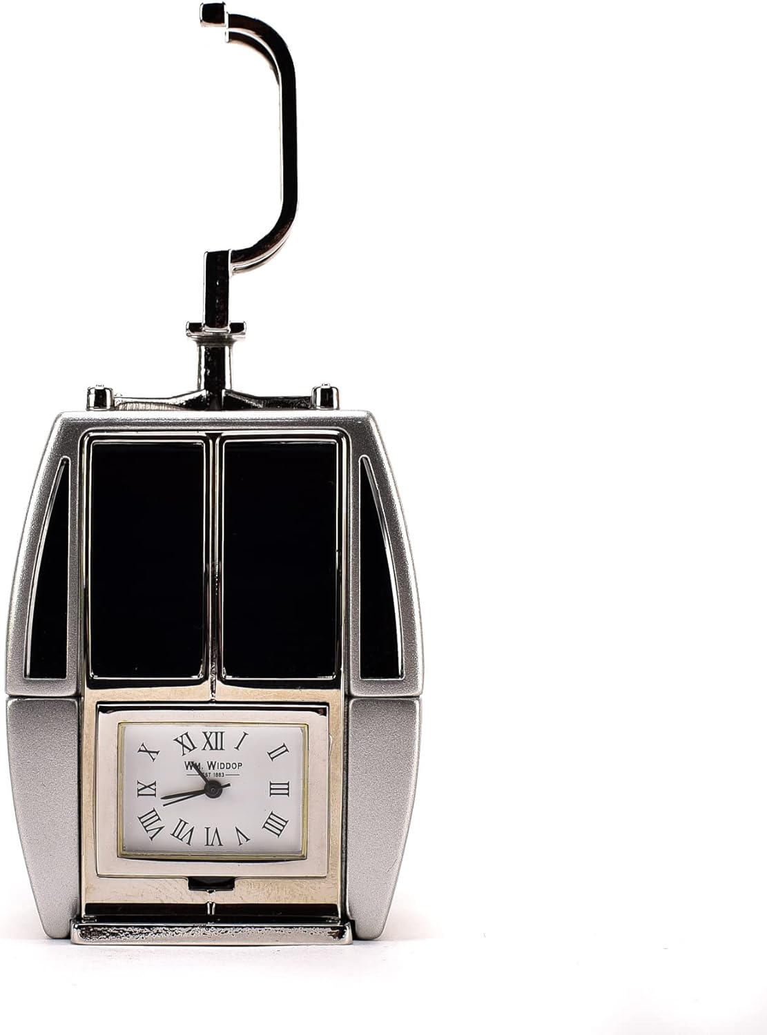 Metallic clock design resembling a cable car on a white background