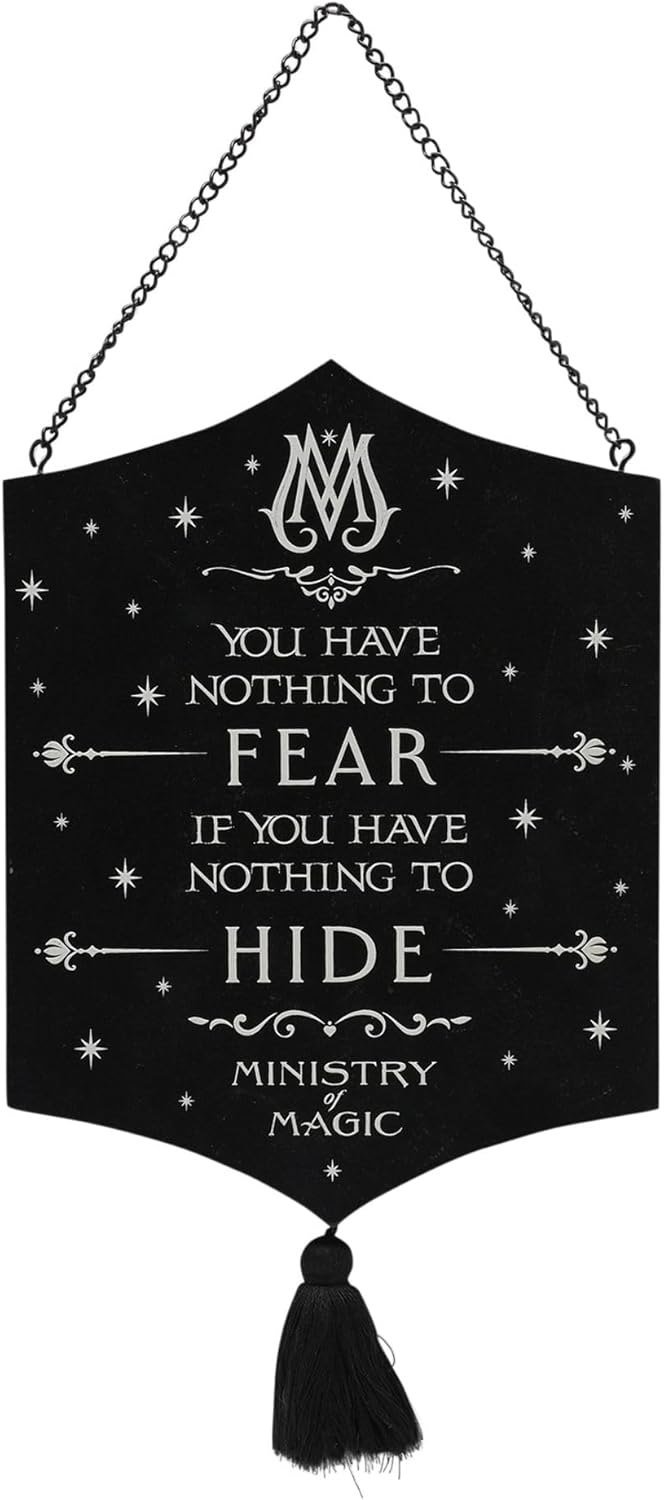 A black hanging banner sign with a black tassel and chain, featuring white gothic text that reads 'YOU HAVE NOTHING TO FEAR IF YOU HAVE NOTHING TO HIDE' and 'MINISTRY OF MAGIC' with decorative stars and ornamental flourishes.