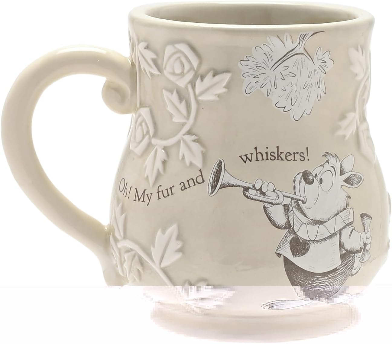 Ceramic mug with decorative design of a rabbit playing a trumpet and text on a white background