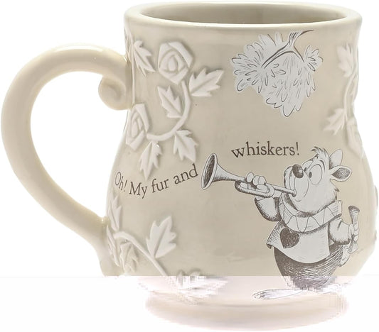 Ceramic mug with decorative design of a rabbit playing a trumpet and text on a white background