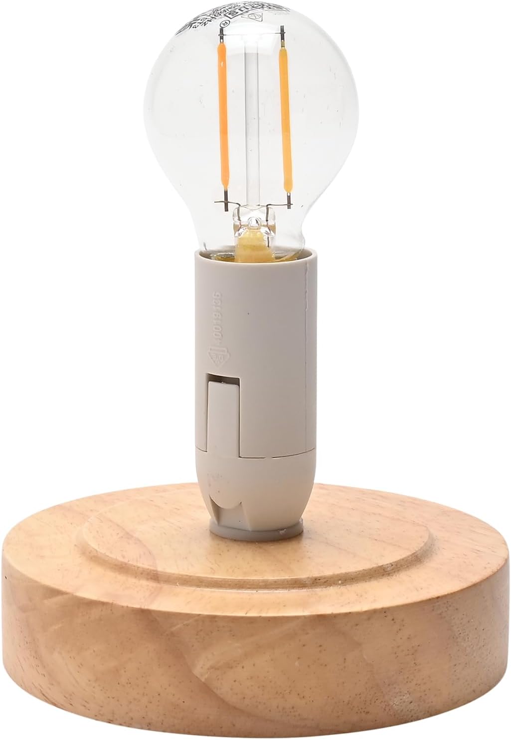A modern table lamp featuring a round, light-colored wooden base and a translucent glass globe bulb with visible filament elements, set against a plain white background.