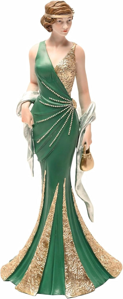 Woman in a green and gold evening gown with decorative elements