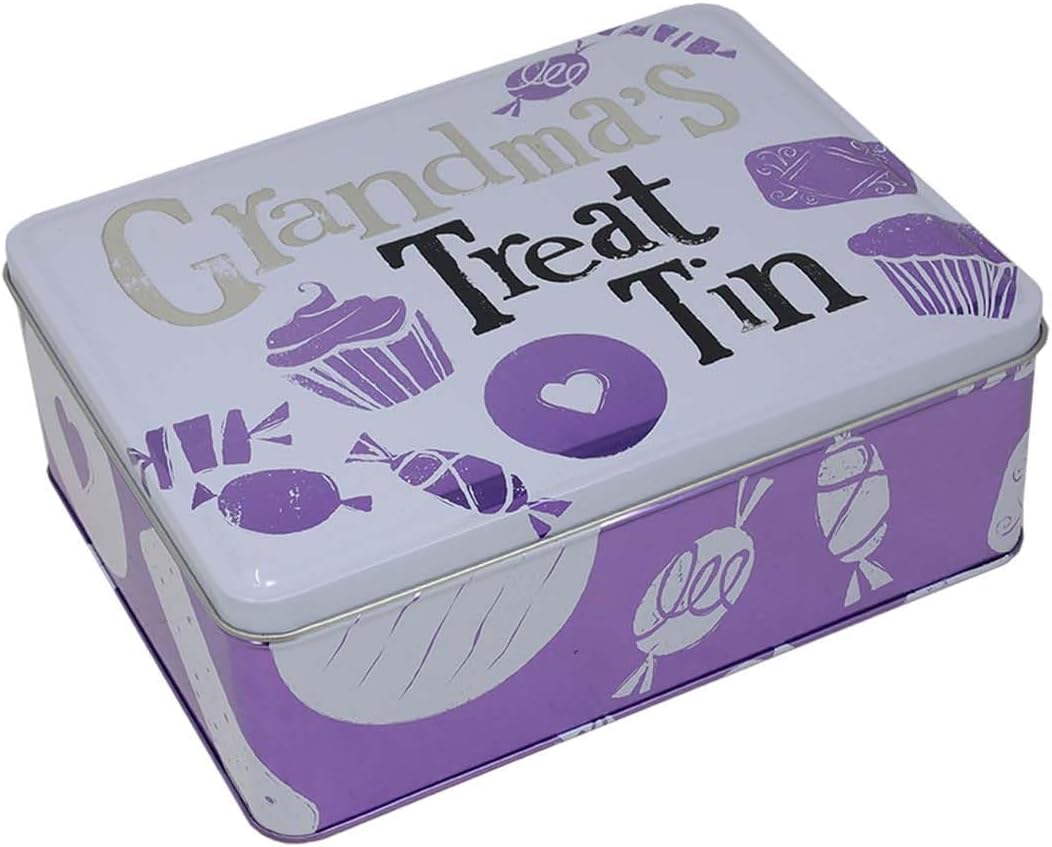 Treat tin with 'Grandma's Treat Tin' text and purple graphics on a white background