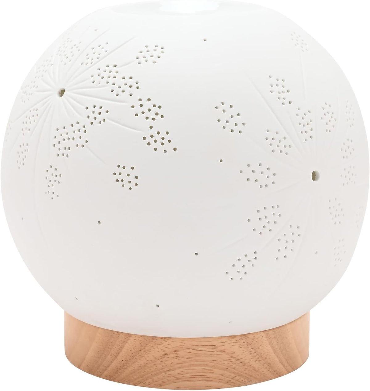 A white spherical lamp with laser-cut floral patterns, resting on a light natural wood base against a white background.