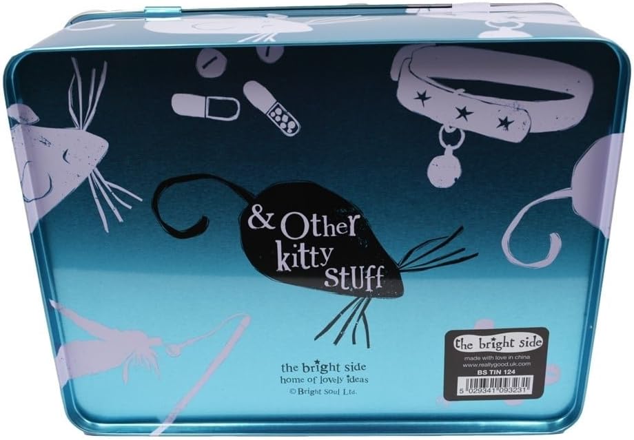 Blue tin box with cat illustrations and 'Other Kitty Stuff' branding.