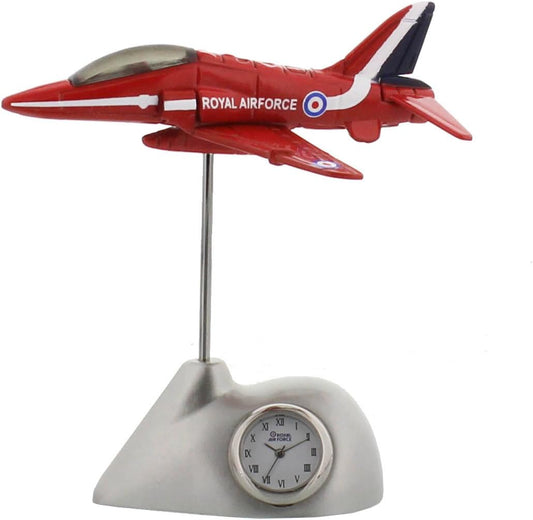 Model of a Royal Air Force jet on a stand with a clock face