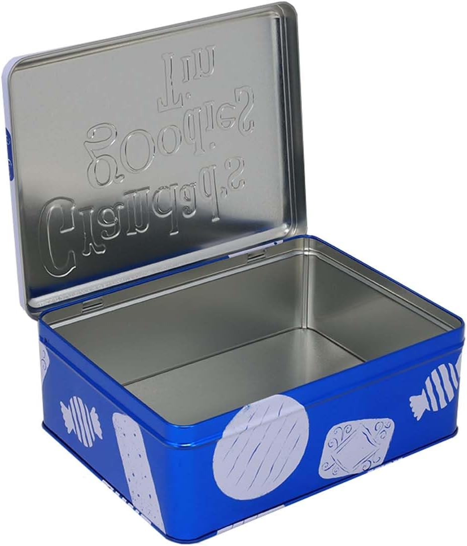 Blue metal tin with white illustrations on a white background