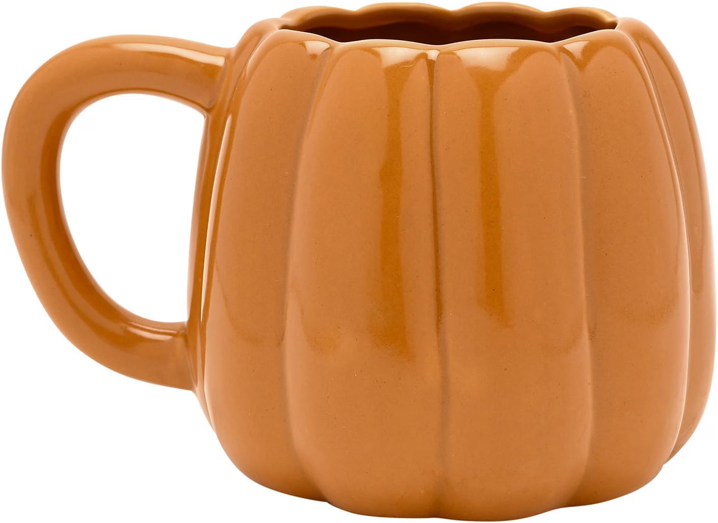 An orange pumpkin-shaped ceramic mug with a glossy finish and a ribbed design, shown on a plain white background.