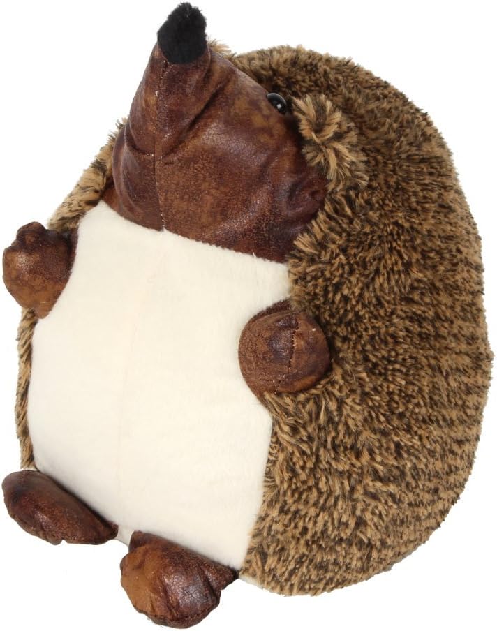 A plush hedgehog toy with brown faux-fur spines, a brown face and feet, and a cream-colored belly, shown against a plain white background.