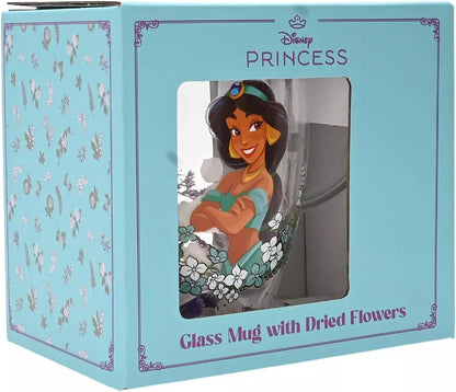 Disney Princess glass mug with dried flowers in its original light blue packaging box, featuring an illustration of Jasmine and the text 'Glass Mug with Dried Flowers'.