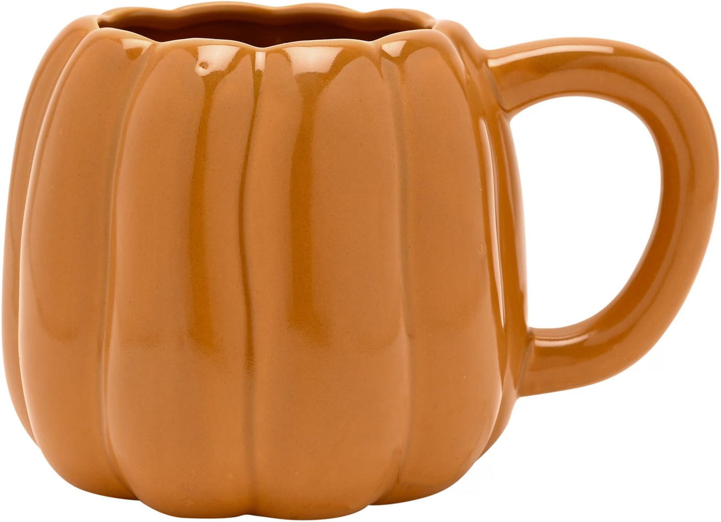 A glossy ceramic mug shaped like a pumpkin, featuring vertical ribbed details and a large handle, shown against a plain white background.