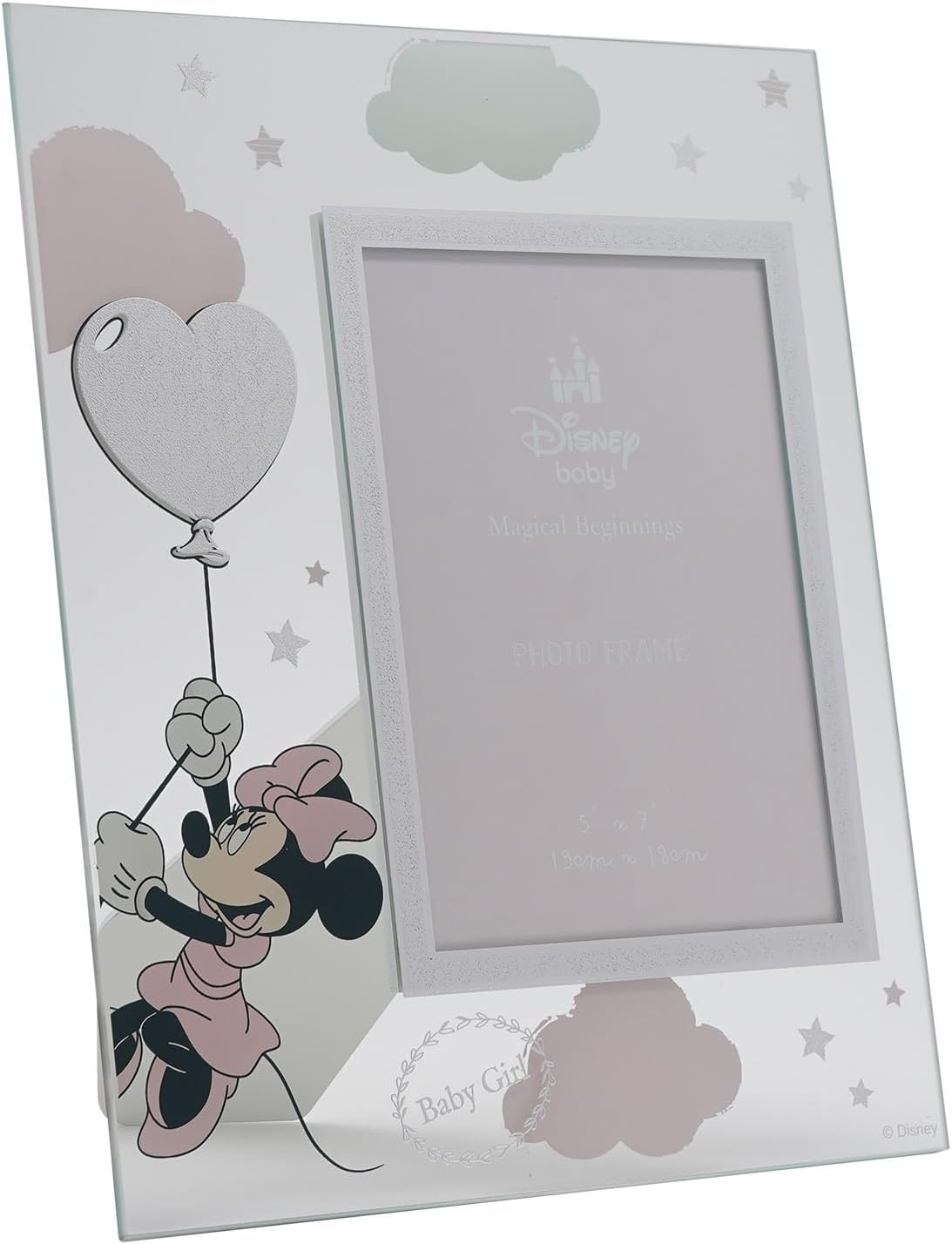 Minnie Mouse holding onto a heart balloon, baby girl. Glass